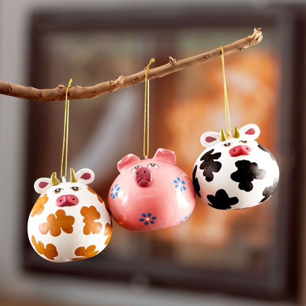 Set of 3 Dried Gourd Holiday Ornaments Handmade in Peru 'Happy Farm'