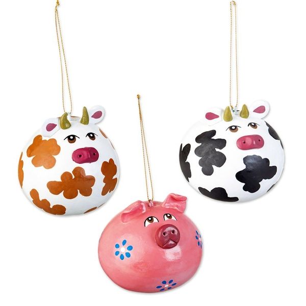 Alternate image for Set of 3 Dried Gourd Holiday Ornaments Handmade in Peru Happy Farm