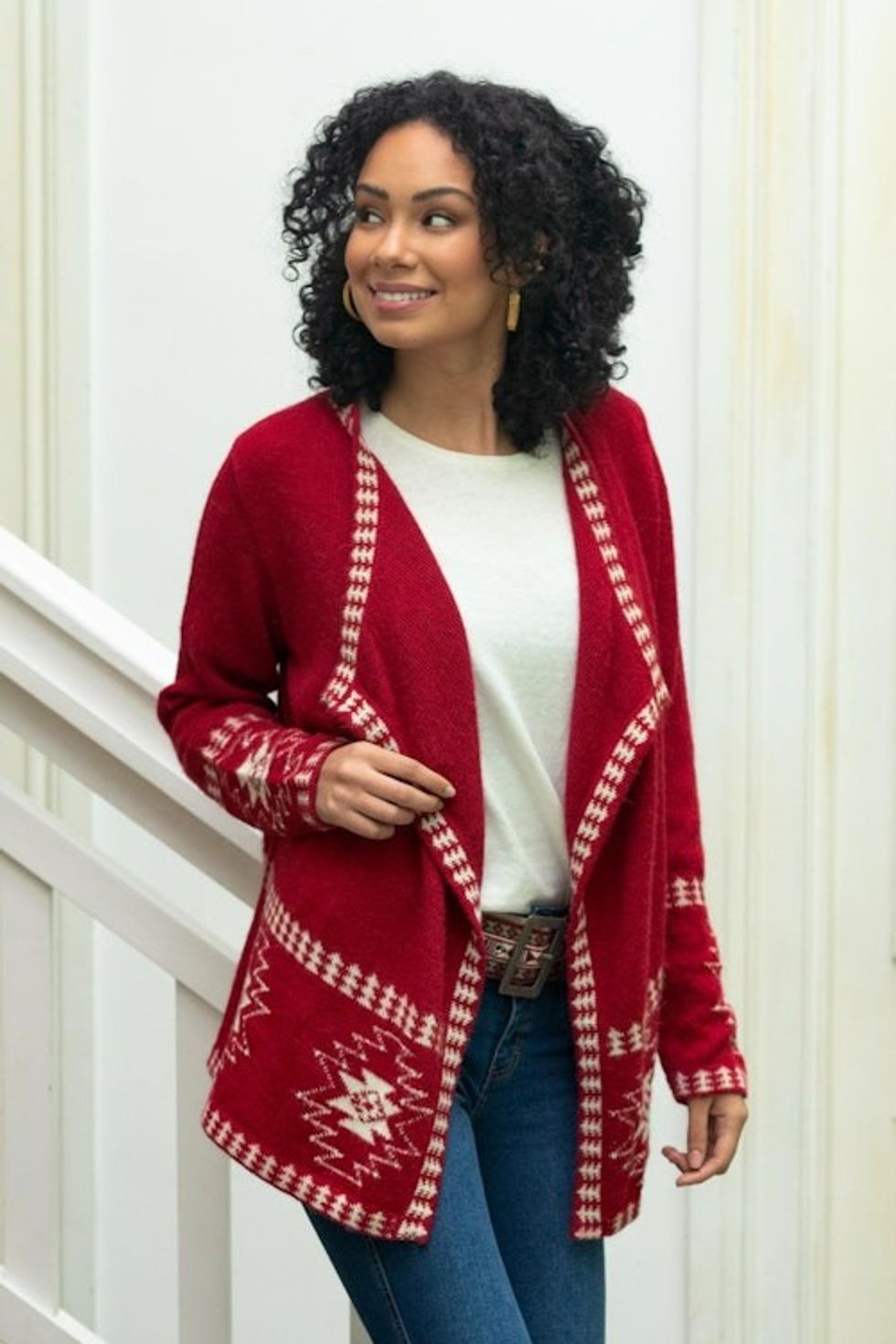 Red Alpaca Wool Cardigan with White Glyph Stars from Peru 'Glyph Stars'