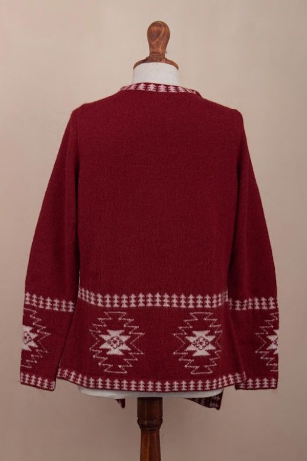 Alternate image for Red Alpaca Wool Cardigan with White Glyph Stars from Peru Glyph Stars