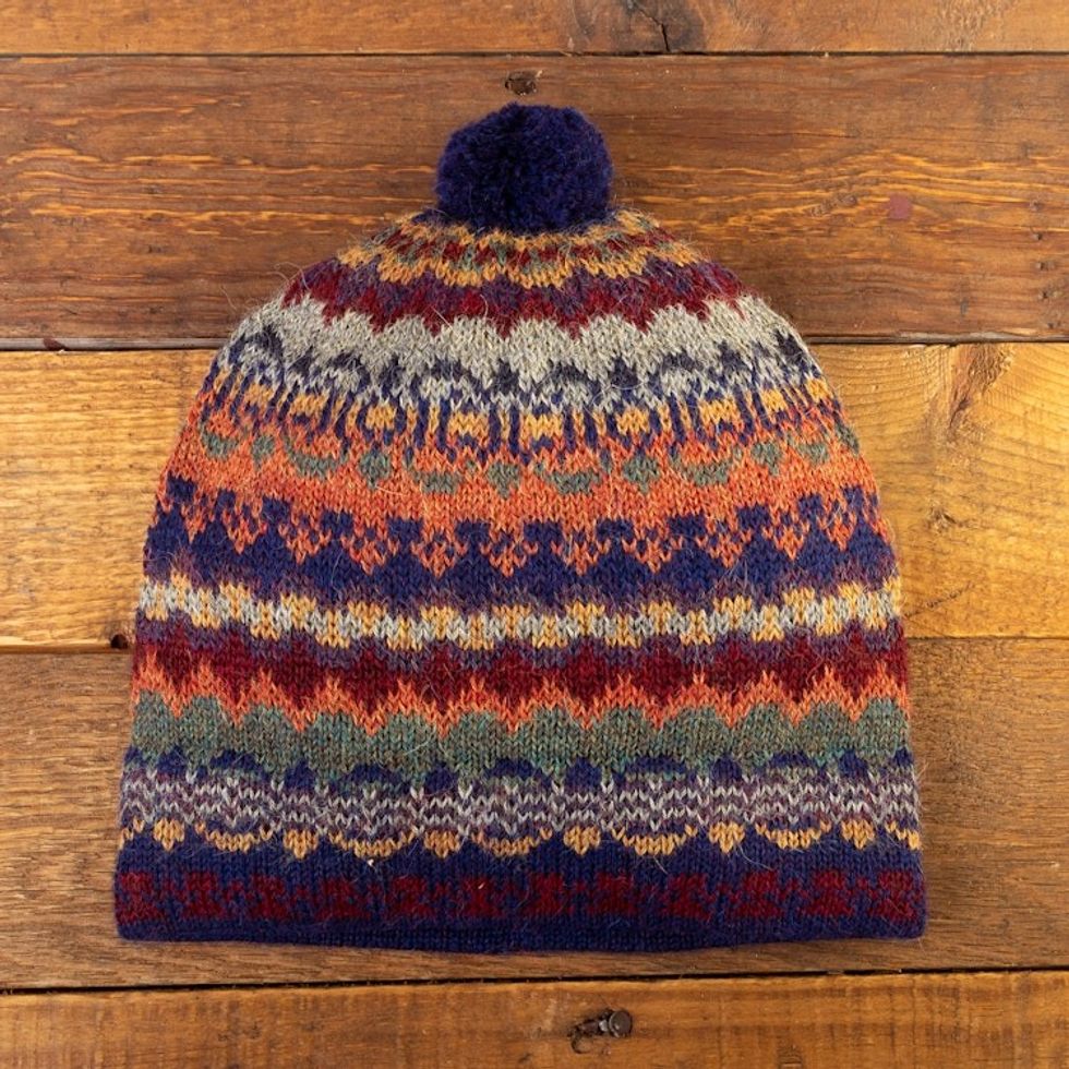 Handcrafted 100 Alpaca Wool Patterned Hat 'Indigo Winter'