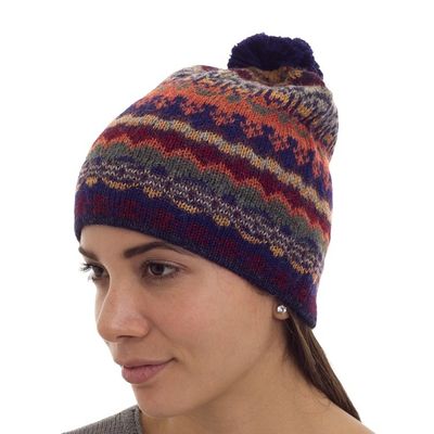Alternate image for Handcrafted 100 Alpaca Wool Patterned Hat Indigo Winter