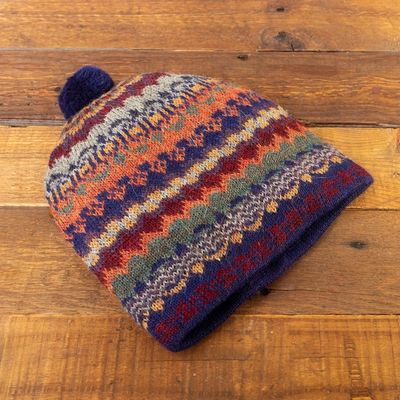 Alternate image for Handcrafted 100 Alpaca Wool Patterned Hat Indigo Winter