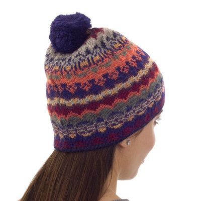 Alternate image for Handcrafted 100 Alpaca Wool Patterned Hat Indigo Winter