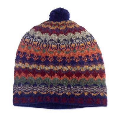 Alternate image for Handcrafted 100 Alpaca Wool Patterned Hat Indigo Winter