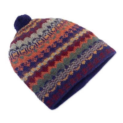 Alternate image for Handcrafted 100 Alpaca Wool Patterned Hat Indigo Winter