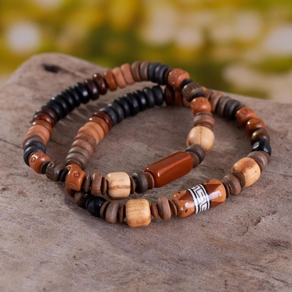 Brown Inca Inspired Ceramic Beaded Bracelets  Pair 'Mountain Tour'
