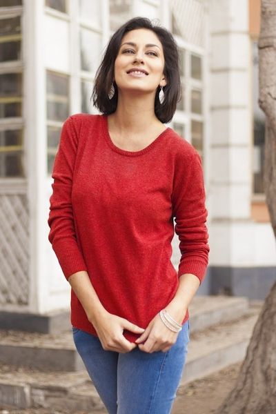 Alternate image for Red Knit Cotton Blend Crew Neck Pullover from Peru Casual Comfort in Red