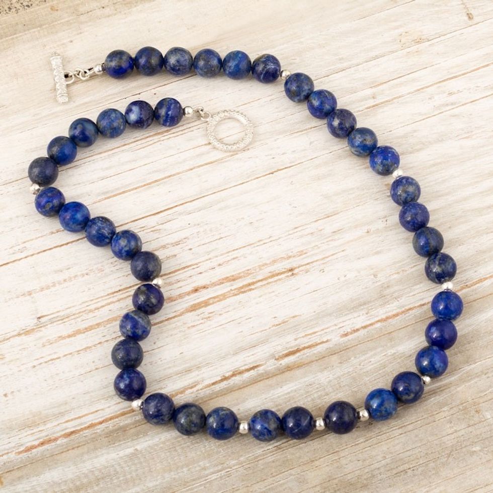 Sterling Silver and Lapis Lazuli Beaded Necklace from Peru 'Lapis Lazuli Beauty'