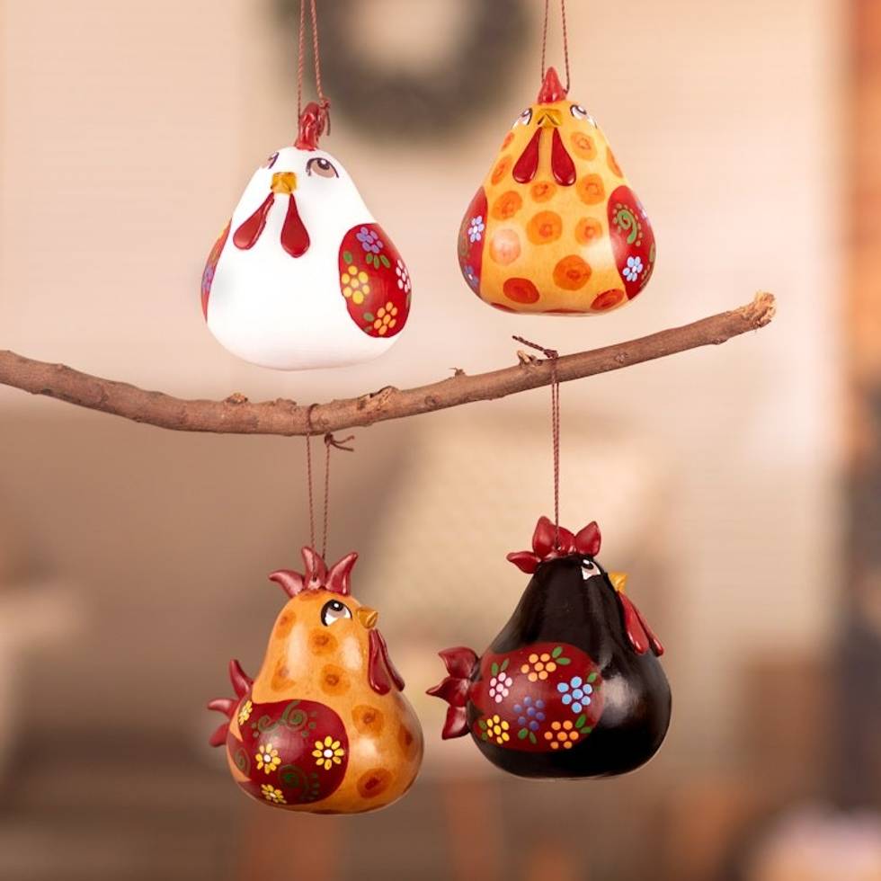 Set of 4 Handcrafted Hen Ornaments Painted in Warm Hues 'Chatty Hens'