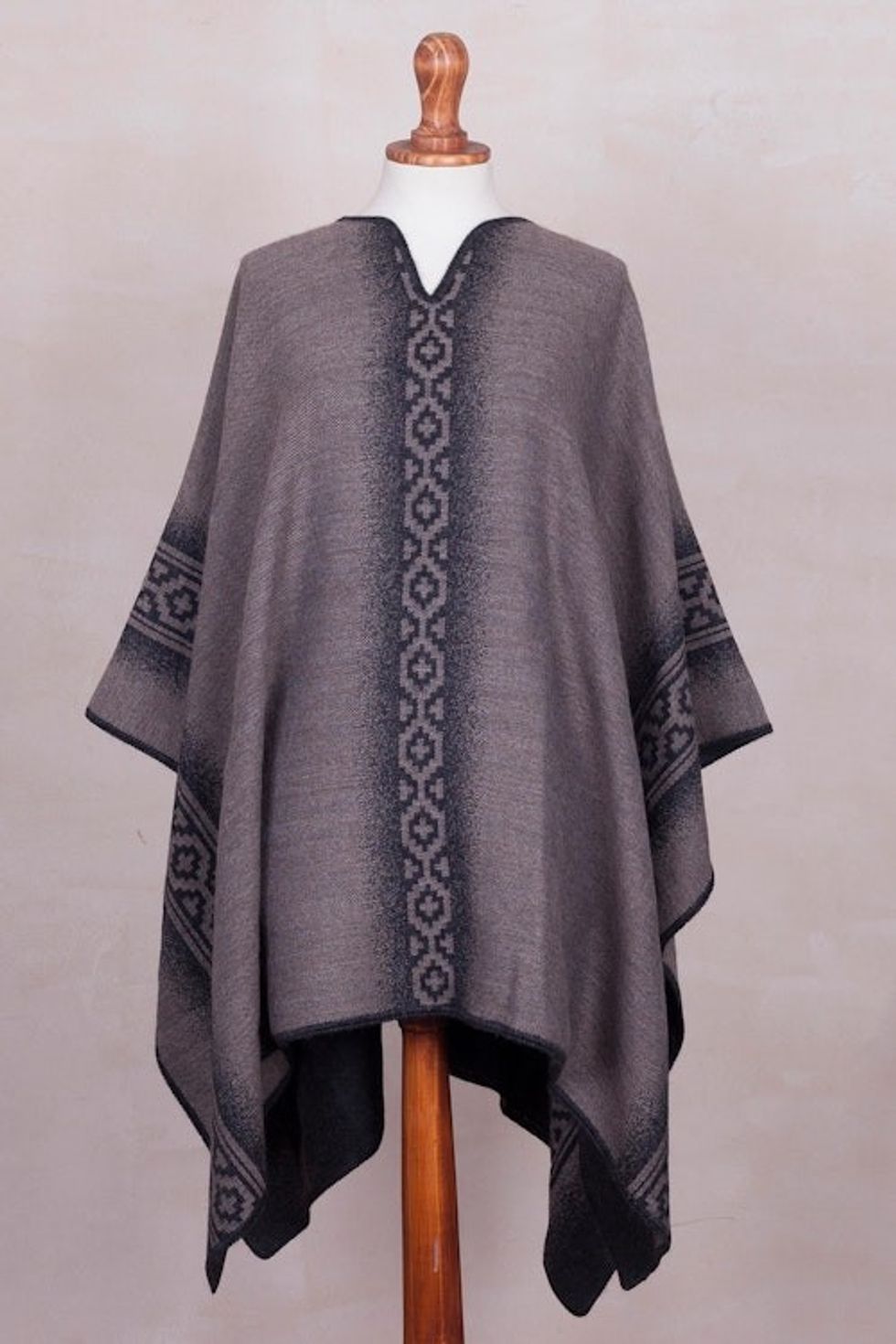 Alpaca Blend Reversible Black and Taupe Poncho 'Chakanas in Grey and Taupe'
