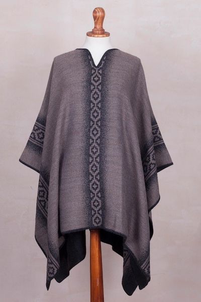 Alternate image for Alpaca Blend Reversible Black and Taupe Poncho Chakanas in Grey and Taupe