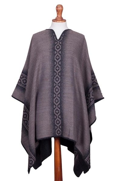 Alternate image for Alpaca Blend Reversible Black and Taupe Poncho Chakanas in Grey and Taupe