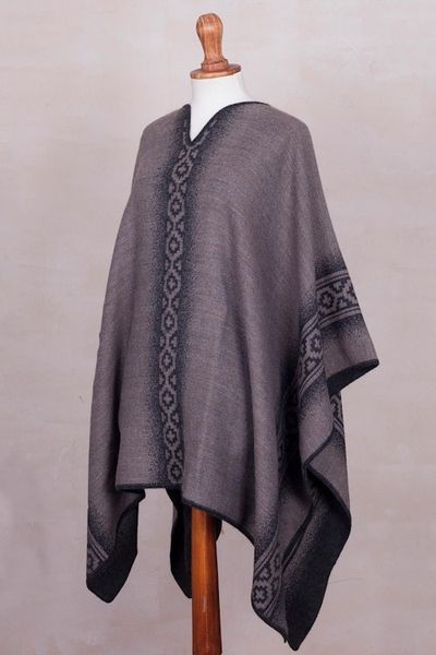 Alternate image for Alpaca Blend Reversible Black and Taupe Poncho Chakanas in Grey and Taupe