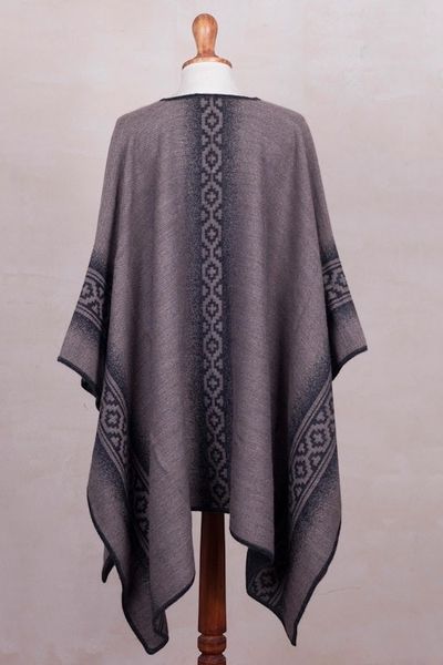 Alternate image for Alpaca Blend Reversible Black and Taupe Poncho Chakanas in Grey and Taupe