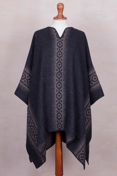 Alternate image for Alpaca Blend Reversible Black and Taupe Poncho Chakanas in Grey and Taupe