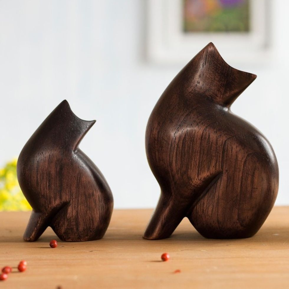 Cedar Wood Cat Figurines from Peru Pair 'Mother Cat'