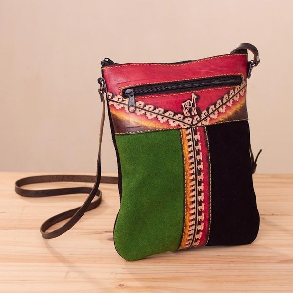 Alternate image for Llama-Themed Multicolored Leather Sling from Peru Cusco Traveler