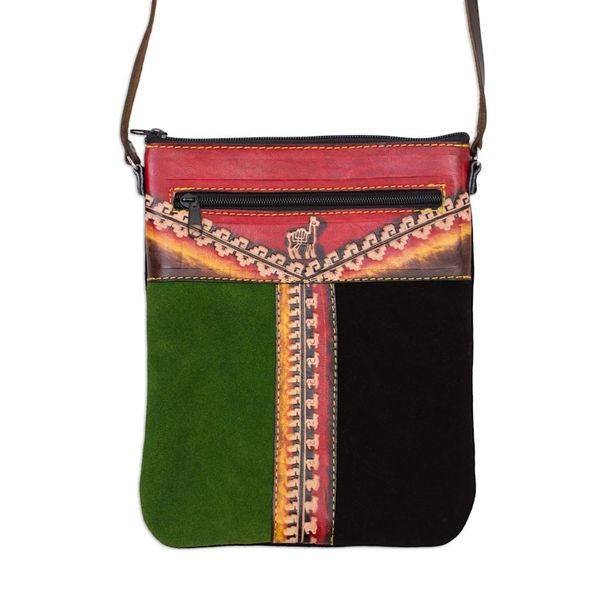 Alternate image for Llama-Themed Multicolored Leather Sling from Peru Cusco Traveler