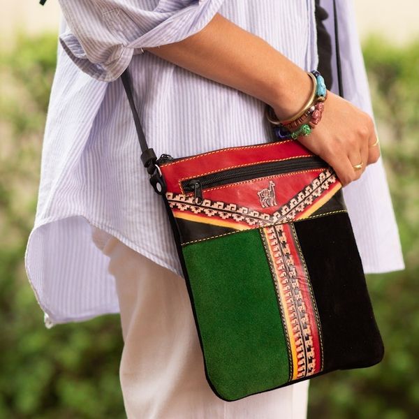 Alternate image for Llama-Themed Multicolored Leather Sling from Peru Cusco Traveler