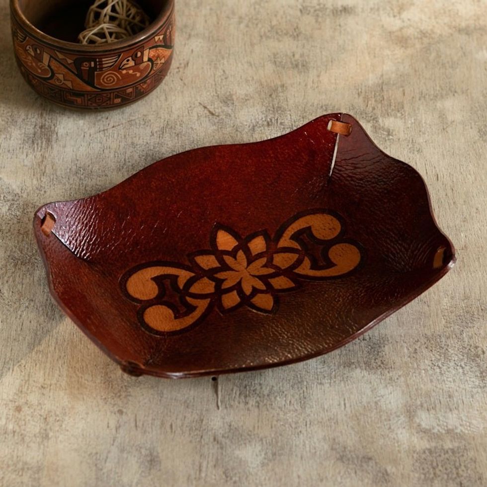 Tooled Leather Rectangular Brown Catchall Plate from Peru 'Redwood Gothic'