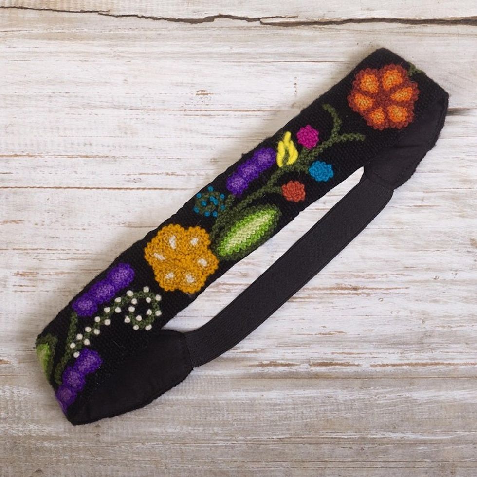 Hand Embroidered Wool Headband 'Floral Vista'