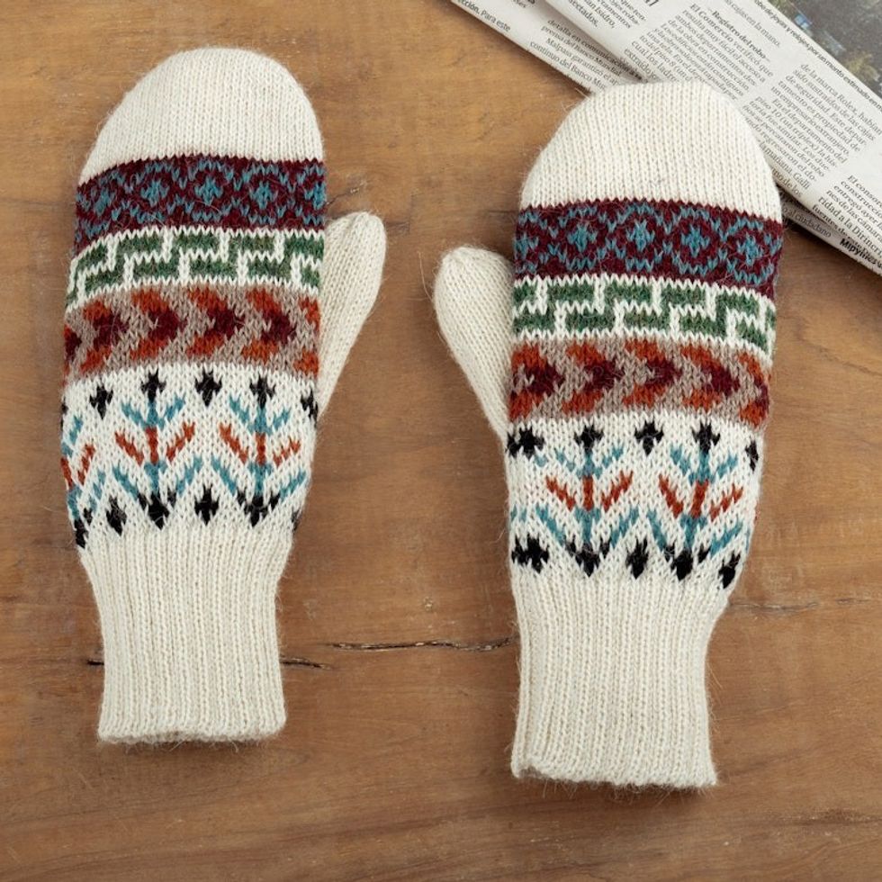 Handloomed Traditional Andean Ivory Alpaca Mittens from Peru 'Andean Nature'