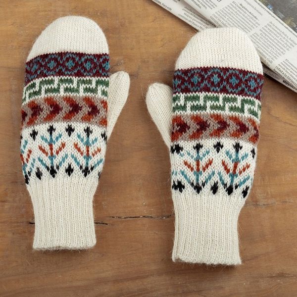 Alternate image for Handloomed Traditional Andean Ivory Alpaca Mittens from Peru Andean Nature