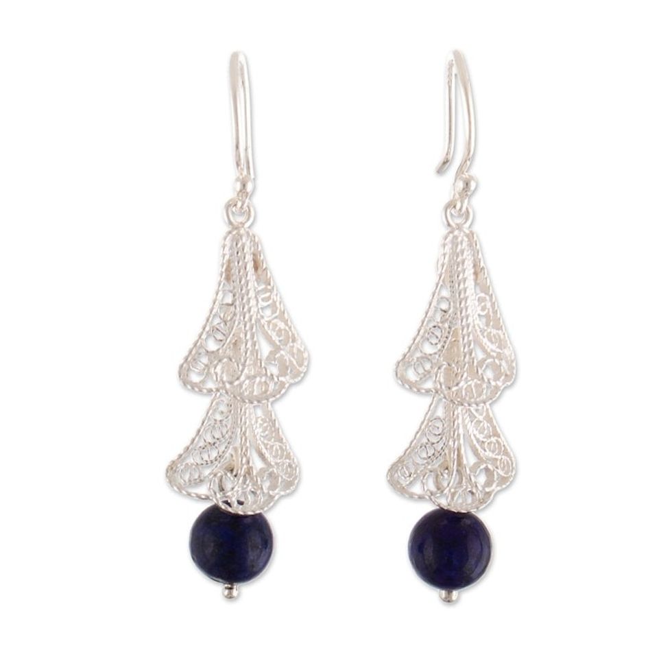 Silver Filigree Dangle Earrings with Lapis Lazuli Stone 'Bells are Ringing'