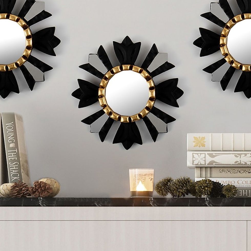 Sun-Themed Black Bronze Gilded Wood Wall Accent Mirror 'Wisdom Beams'