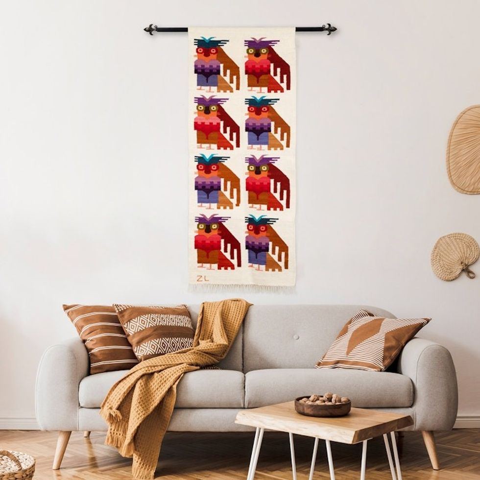 Wool Blend Tapestry of Andean Owls Hand-Woven in Peru 'Andean Owls'