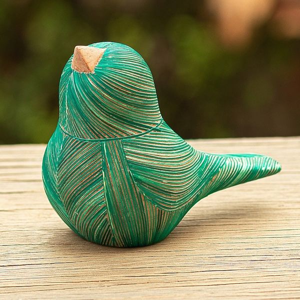 Alternate image for Handmade Cedar Wood and Natural Fiber Bird Figurine in Green Green Plumage