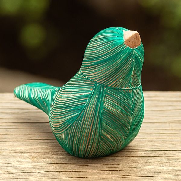 Alternate image for Handmade Cedar Wood and Natural Fiber Bird Figurine in Green Green Plumage