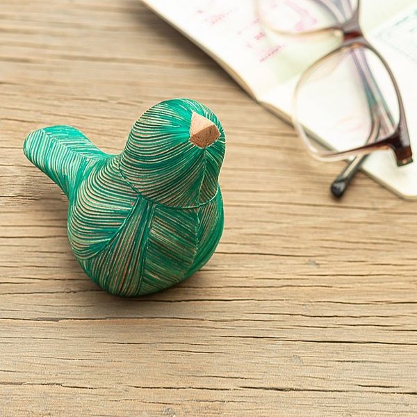 Alternate image for Handmade Cedar Wood and Natural Fiber Bird Figurine in Green Green Plumage
