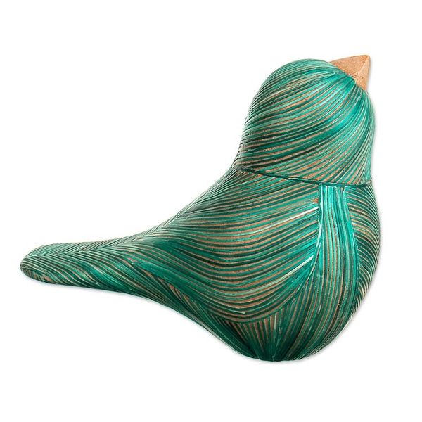 Alternate image for Handmade Cedar Wood and Natural Fiber Bird Figurine in Green Green Plumage