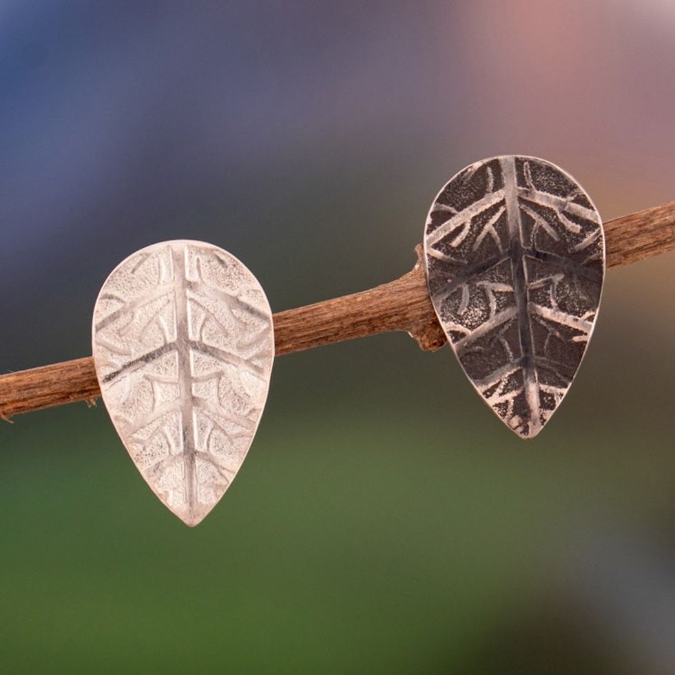 Polished and Oxidized Leaf Sterling Silver Button Earrings 'Opposing Leaves'