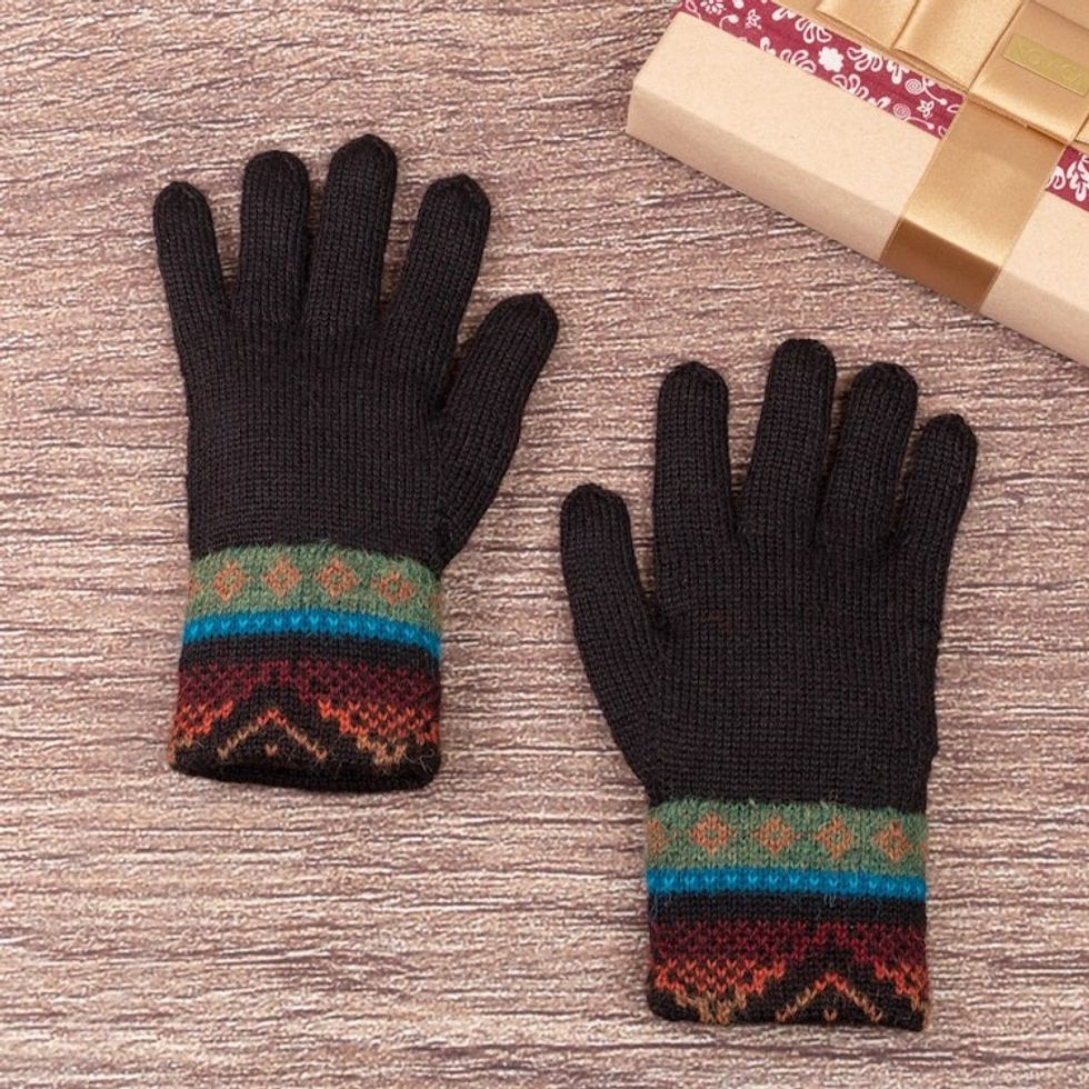 Traditional Knit Sage and Cyan 100 Alpaca Gloves from Peru 'Memories of Espinar'