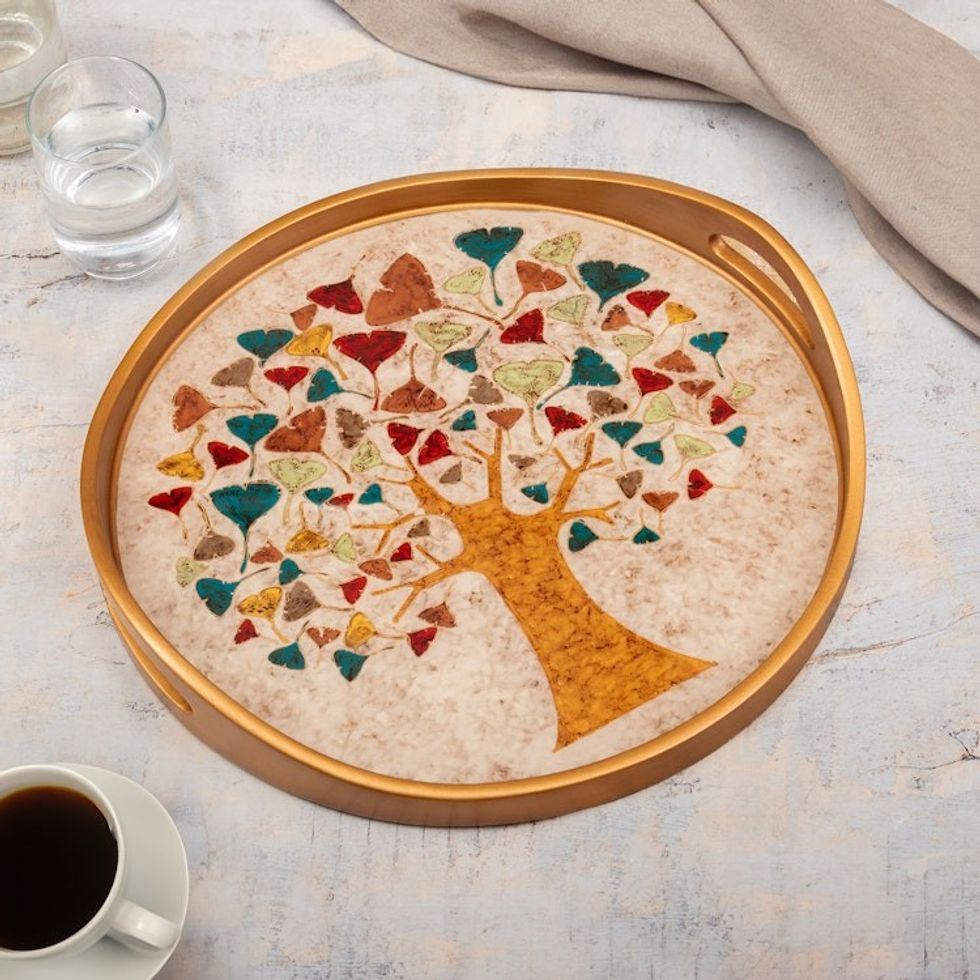 Handmade Nature-Themed Reverse-Painted Glass Tray in Golden 'Sylvan Mirage'