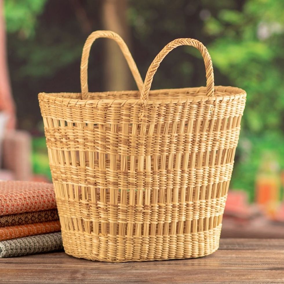 Handwoven Natural Rush Fiber Basket with Handles 'Woven Treasure'