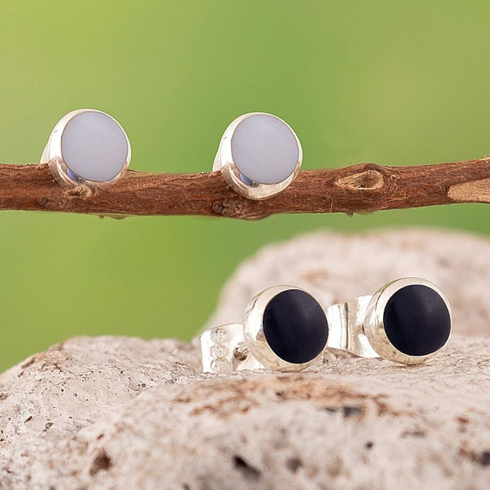 Pair of High-Polished White and Black Onyx Button Earrings 'Shadow Specks'