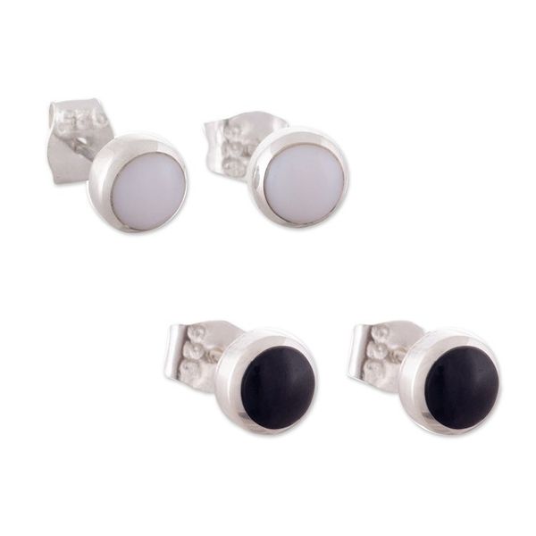 Alternate image for Pair of High-Polished White and Black Onyx Button Earrings Shadow Specks