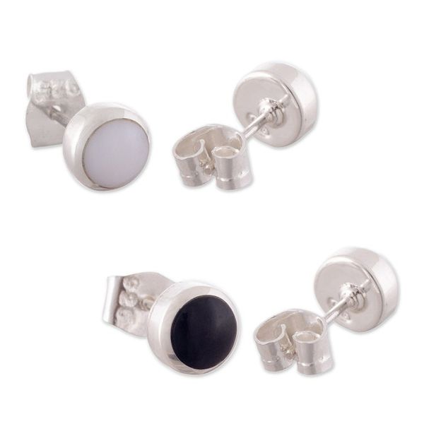 Alternate image for Pair of High-Polished White and Black Onyx Button Earrings Shadow Specks
