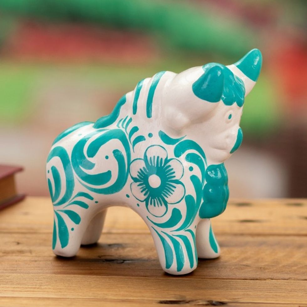 Traditional Turquoise Ceramic Bull Sculpture from Pucara 'Pucara's Turquoise Protector'