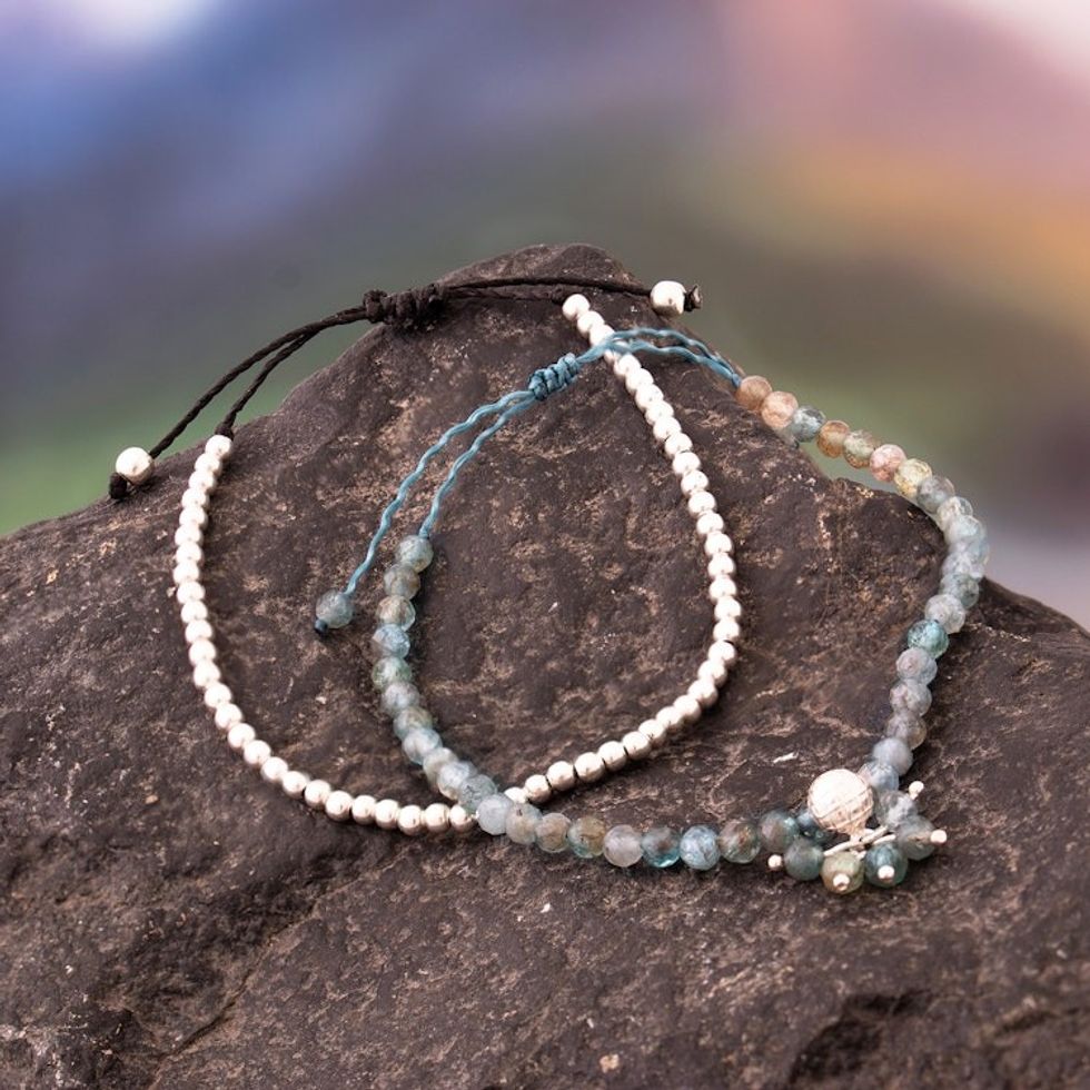 Natural Apatite and Sterling Silver Beaded Bracelet Pair 'Sagacious Winds'