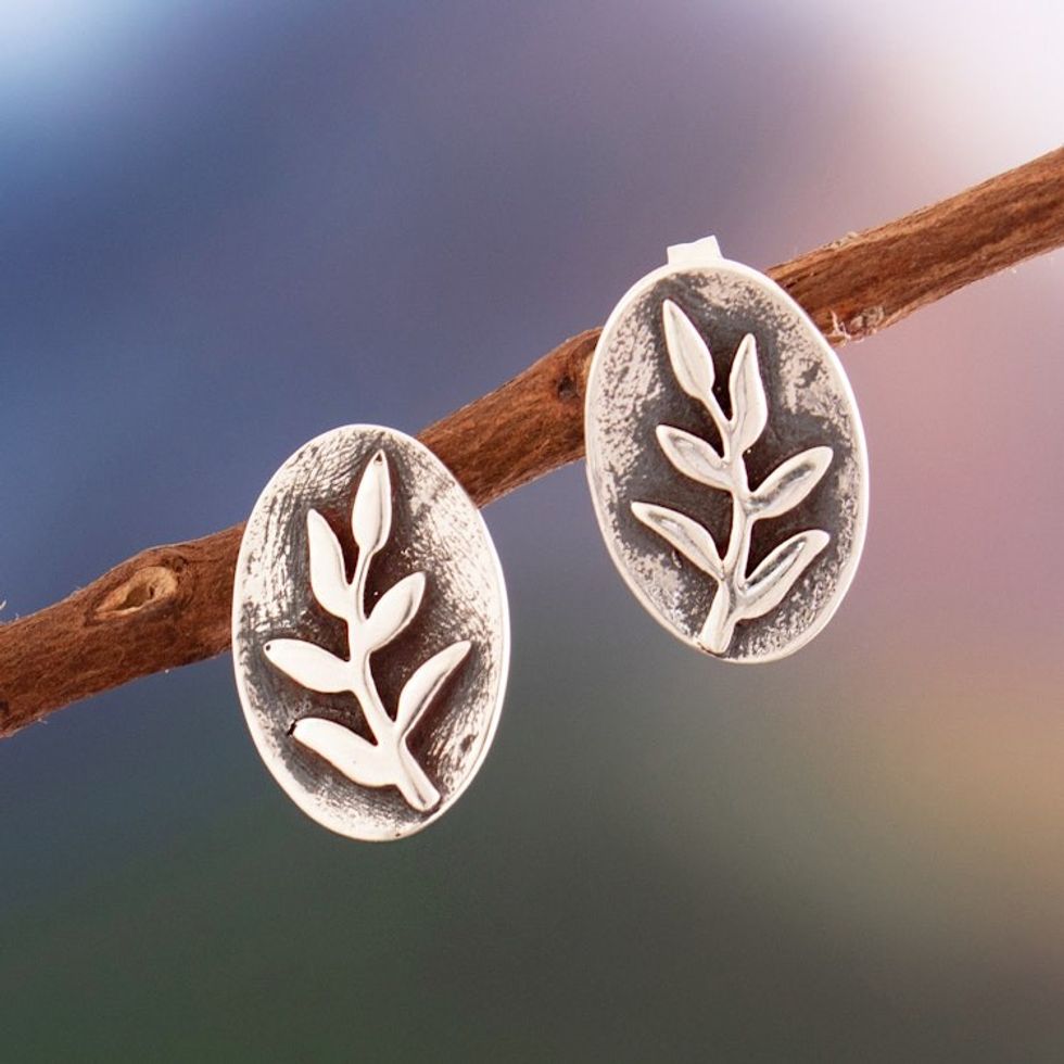 Sterling Silver Button Earrings with Relief Leaf Motif 'Subtle Relief'
