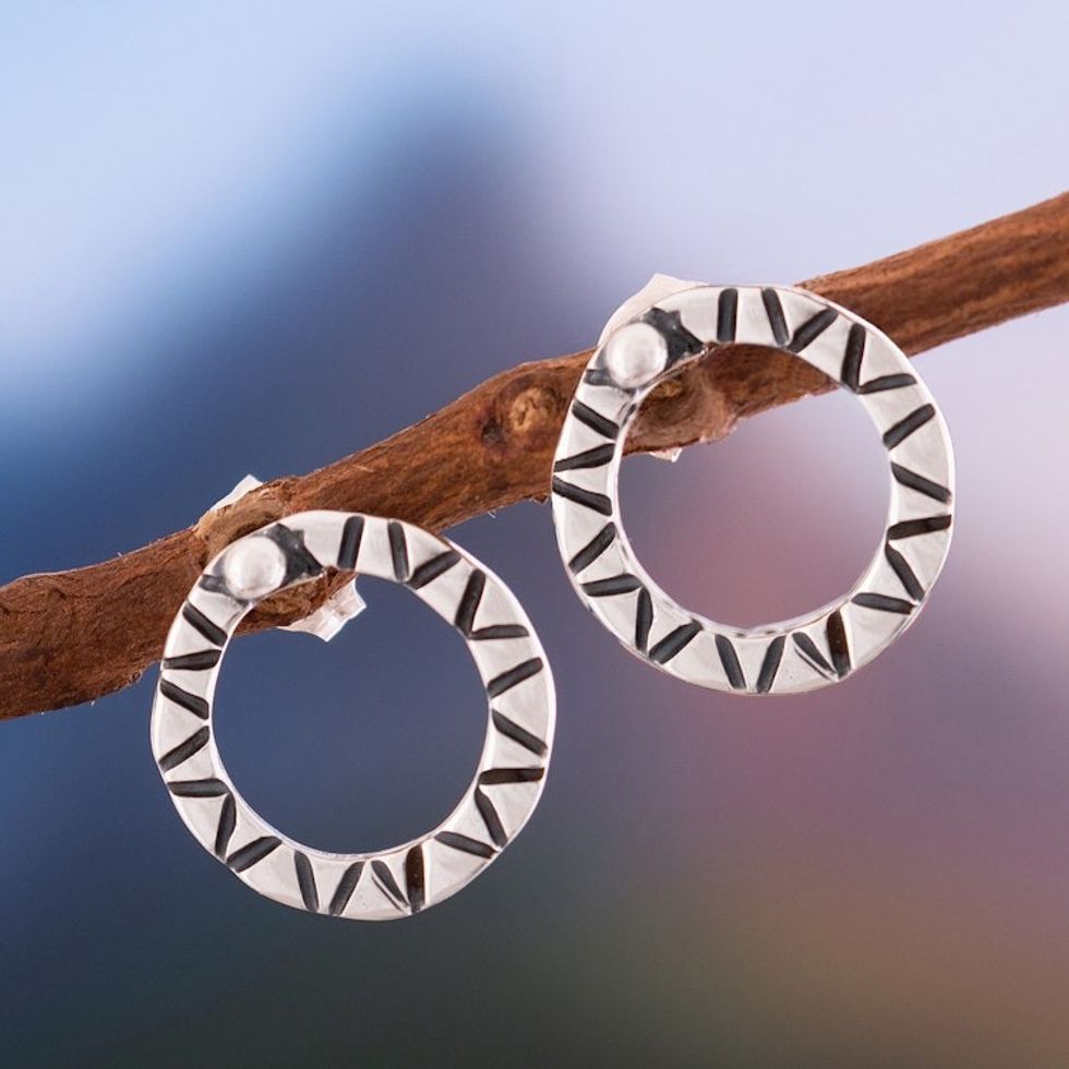 Sun-Themed Round Sterling Silver Button Earrings from Peru 'Enchanted Rings'