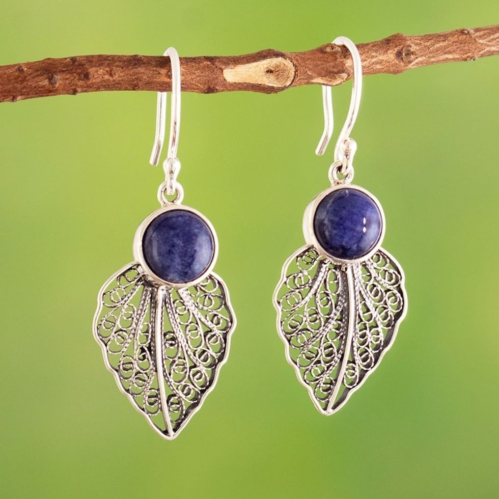 Sterling Silver Leaf Filigree Dangle Earrings with Sodalite 'Leaf in the Wind'