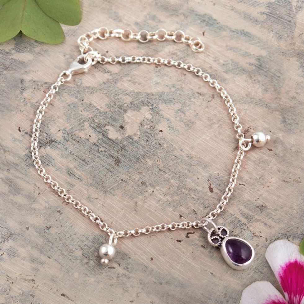 Amethyst Sterling Silver Pendant Bracelet with Charms 'Purple Grace'