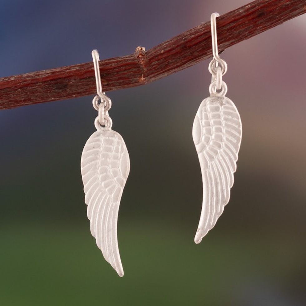 Matte-Finished Wing-Themed Sterling Silver Dangle Earrings 'Infinite Flight'
