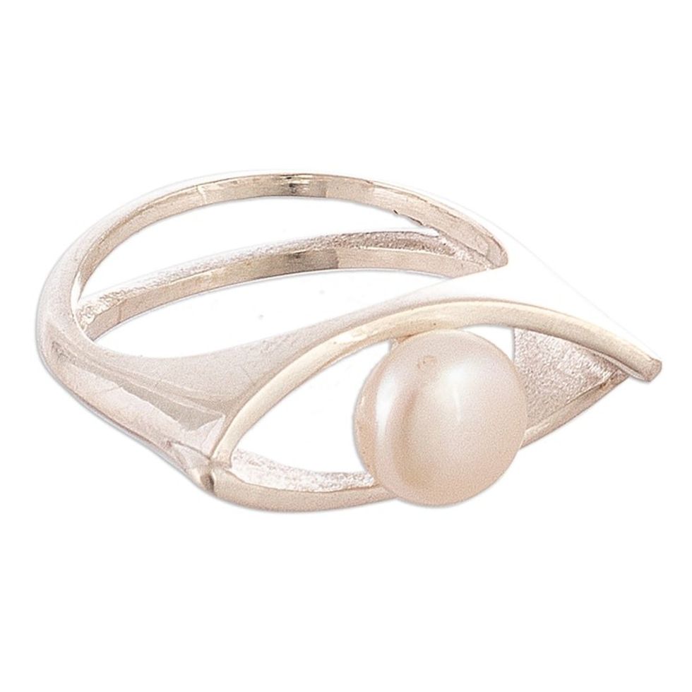 Handmade Sterling Silver Single Stone Ring with White Pearl 'Pearly Offering'